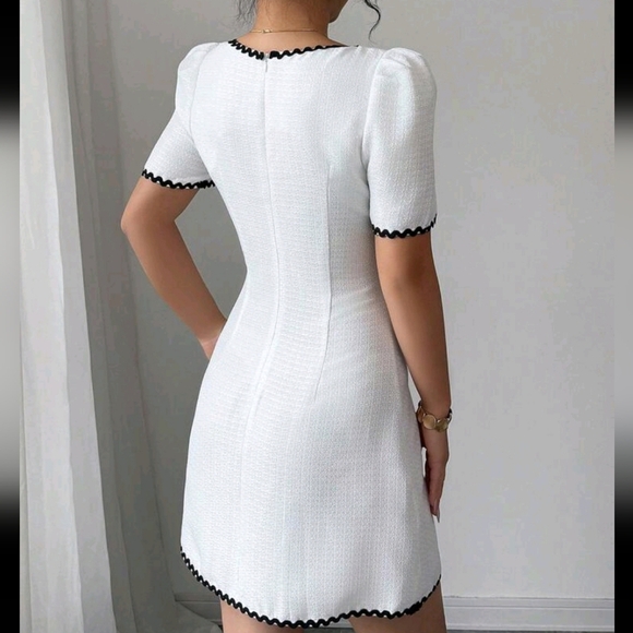 Summer Elegant Colorblock Ribbon Bow Accent Puff Sleeve Dress - Picture 2 of 4